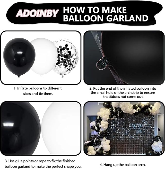 Black and White Balloon Arch Kit, ADOINBY 140Pcs Black and White Durable Latex Balloons 18 12 10 5 Inch Different Size Balloons for Birthday Anniversary Wedding Engagement Graduation Party Decorations