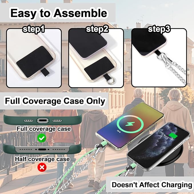 XANGNIER Clip and Go Strap for Phone with Wallet Crossbody, Phone Strap with Zippered Wallet, Adjustable Anti-Theft Cellphone Lanyard for Women, Cellphone Chain Accessories, Chain Silver