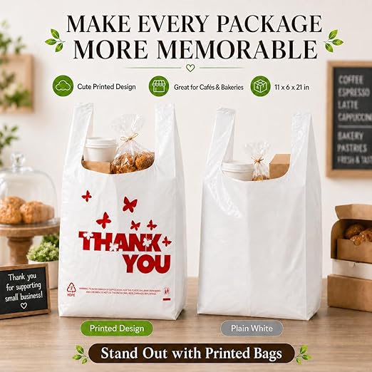 YoYoRain 1000 Pack White Thank You T-Shirt Bags with Handles, 11"x6"x21" Durable HDPE Plastic Carry-Out Shopping Bags for Grocery, Retail, Takeout & Small Business
