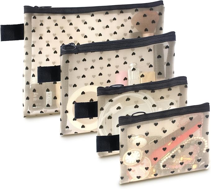 4-Piece Heart Printed Mesh Makeup Bag Set, Portable Travel Mesh Cosmetic Bags Toiletry Bags Makeup Purse Bags, Zipper Storage Pouches for Home Offices Travel Accessories (Beige)