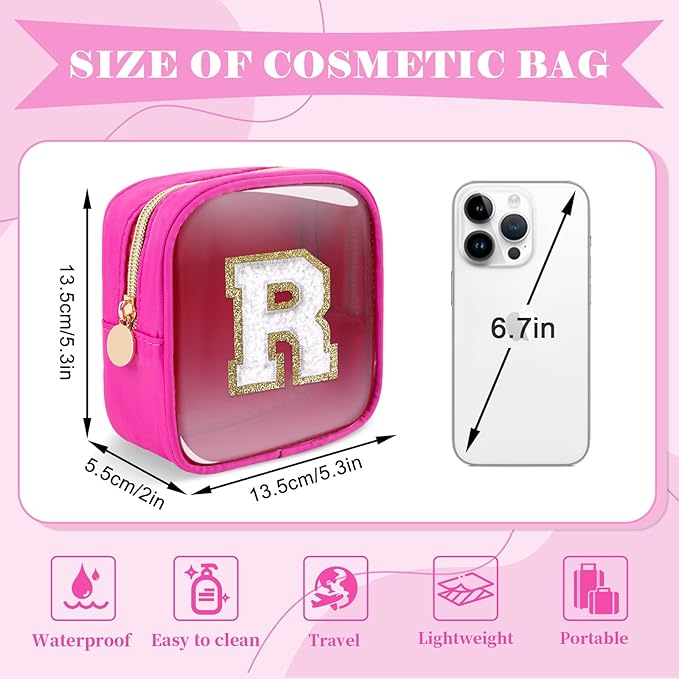 Personalized Initial Letter Clear Preppy Makeup Bag,Mini Nylon Chenille Letter Cosmetic Bag Cute Zipper Pouch Coin Purse for Teen Girls,Portable TSA Approved Travel Essentials Bag Gift for Women,R