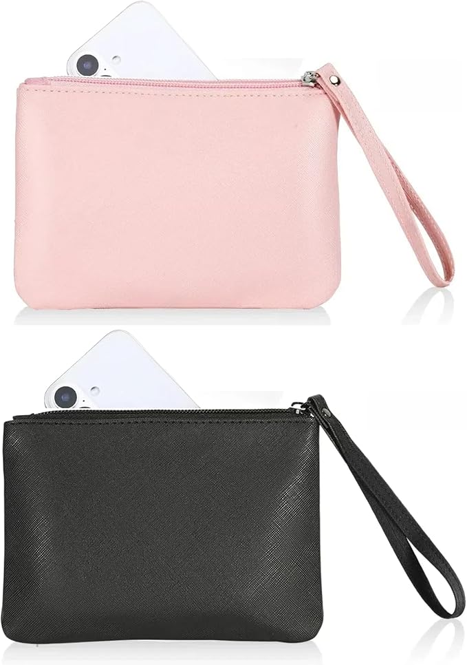 2 Pack Small Zipper Pouch Mini Makeup Bag for Purse Lipstick Cosmetic Travel Make Up Organizer for Women Essentials Feminine Products, Car Change Coin Holder 8x5 Phone Wristlet Wallet, Black, Pink