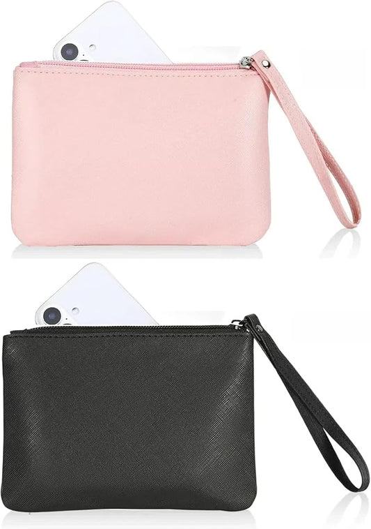 2 Pack Small Zipper Pouch Mini Makeup Bag for Purse Lipstick Cosmetic Travel Make Up Organizer for Women Essentials Feminine Products, Car Change Coin Holder 8x5 Phone Wristlet Wallet, Black, Pink
