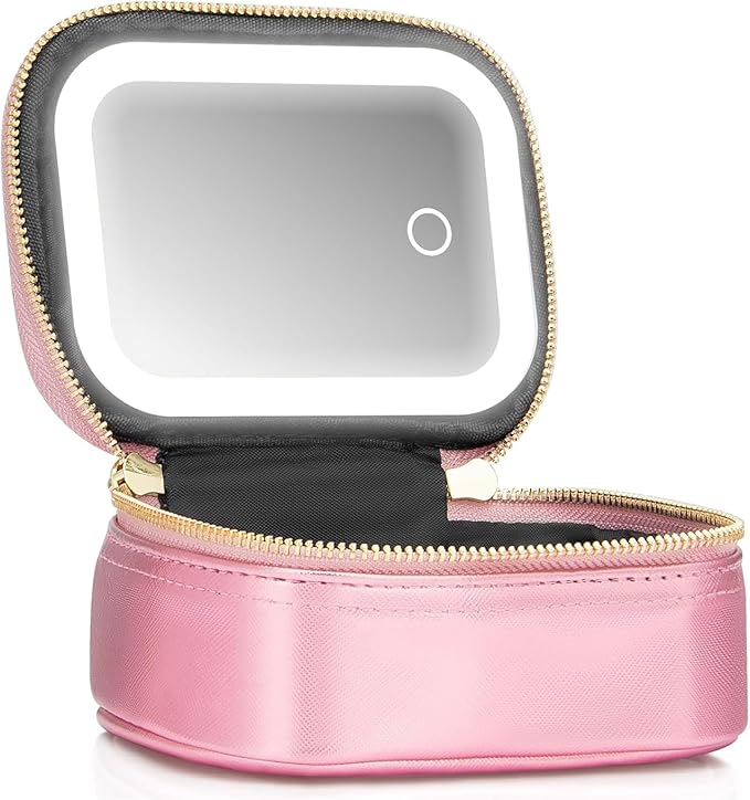 Small Makeup Bag with Led Mirror, Mini Travel Make up Bag 3 Light Modes Adjustable Brightness, for Women Organizer Cosmetic Bag, Portable Travel Train Toiletry Bag, for Pool Parties Work Touch-Ups