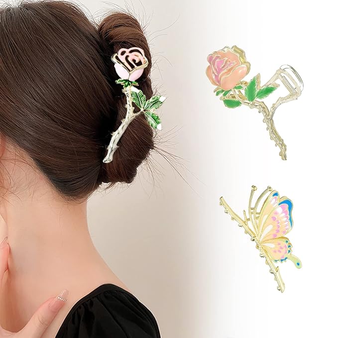 3-Piece Floral Metal Hair Accessories: Butterfly Chinese Rose Claw Clips for Thin/Medium Thick Hair, Elegant Barrettes With Strong Hold and Non-Slip Cute Catch Clamps