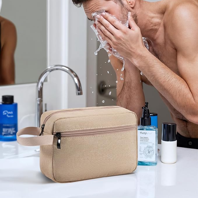 Travel Toiletry Bag, Small Cosmetic Bag, Hanging Water-Resistant Organizer for Men & Women, Ideal for Makeup, Shaving Kit, Gym Essentials & Travel Accessories (Khaki)