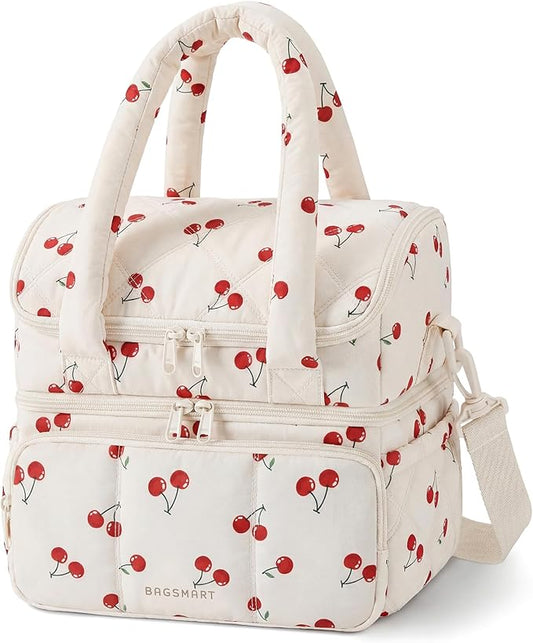 BAGSMART Lunch Bag Women, Double Deck Insulated Lunch Box, Quilted Puffer Lunch Tote, Leakproof, Durable & Reusable Large Lunch Cooler For Work Picnic Travel Meal Prep, Cherry