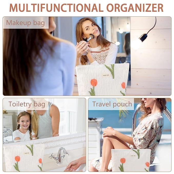 ZLFSRQ Makeup Bag Travel Cosmetic Bag for Purse Floral Zipper Makeup Pouch for Women Small Cute Flower Cosmetic Pouch Toiletry Bag Pencil Case Portable Organizer Canvas Aesthetic Gift (Tulip)