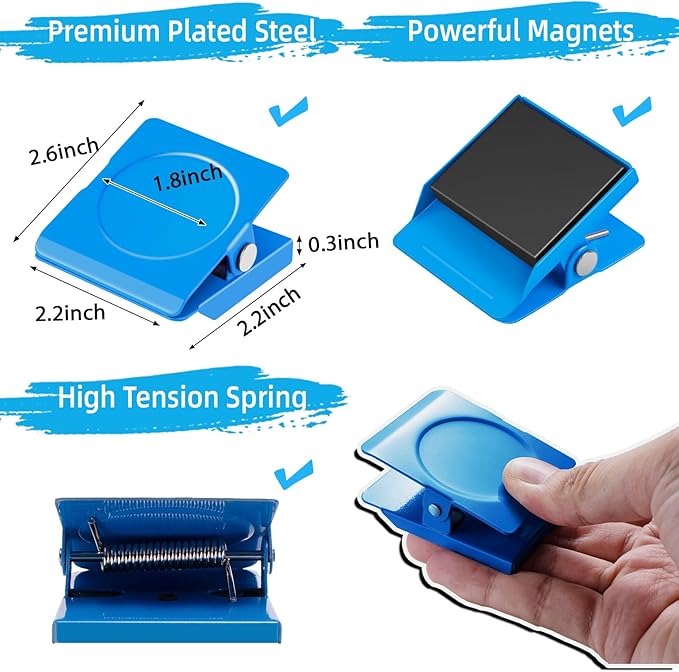 Grtard Strong Magnetic Clips, 2.2 Inch Extra Large Magnetic Clips Heavy Duty, 8Pack Magnet Clip for Fridge, Clip Magnets for Refrigerator, Whiteboard, Classroom, Kitchen, Office Organizer (Blue)