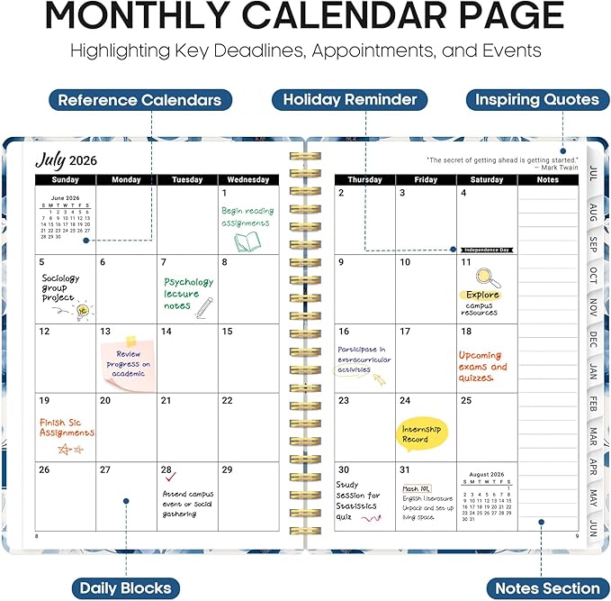 Planner 2026-2027, Academic Year Monthly and Weekly Calendar Planner, Jul 2026 - Jun 2027, Hardcover Teacher Student Planning Agenda book with Tabs, Perfect for School Office Supplies, 6.3" x 8.5" - Watercolor Petal