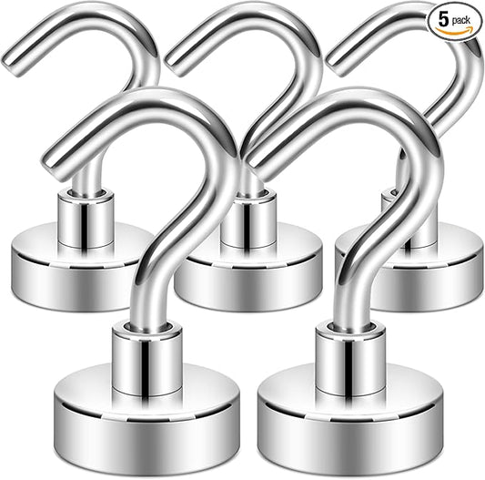 Neosmuk Magnetic Hooks, Cruise Ship Essentials, 30lb+ Heavy Duty Magnetic Hooks for Cruise Cabins, Refrigerator, Grill, Hanging, and Travel | Extra Strong Must-Have Magnet Hook, Silver, 5 Pack