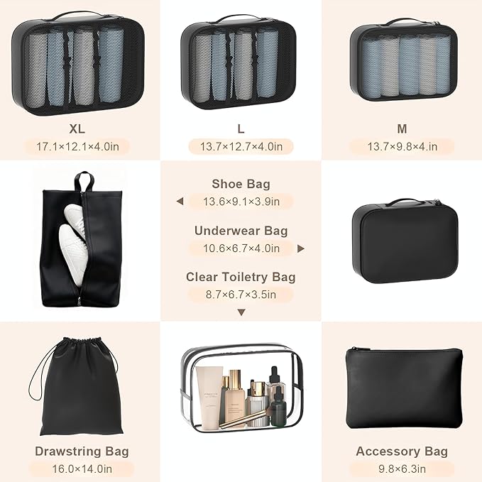 8 Set Packing Cubes for Travel with Clear Toiletry Bag, Durable Luggage Packing Organizers for Suitcase, Carry-On Accessories, TSA Approved See-Through Cubes, Space-Saving Storage Bags