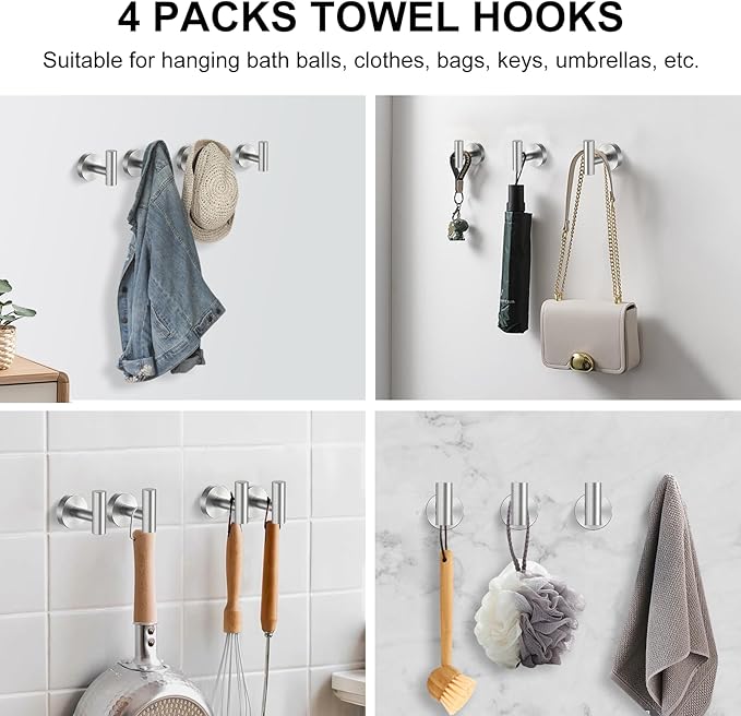 SetSail Towel Hooks for Bathrooms Screw-in 4 Packs Brushed Nickel Bathroom Towel Hook Wall Mounted Stainless Steel Shower Towel Hooks for Coat Hanging, Drill Hole
