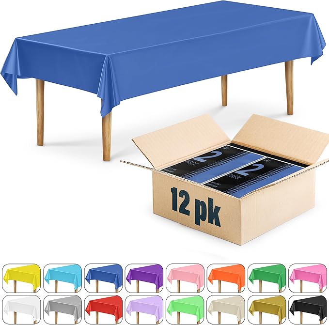 DecorRack 12 Rectangular Tablecloths BPA-Free Plastic, 54 x 108 inch, Dining Table Cloth, Rectangle Table Cover for Parties, Picnic, Camping and Outdoor, Disposable or Reusable, Royal Blue (12 Pack)