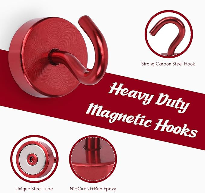 Neosmuk Magnetic Hooks, Cruise Ship Essentials, 40lb+ Heavy Duty Magnetic Hooks for Cruise Cabins, Refrigerator, Grill, Hanging, and Travel | Extra Strong Must-Haves Magnet Hook,Red,Pack of 20