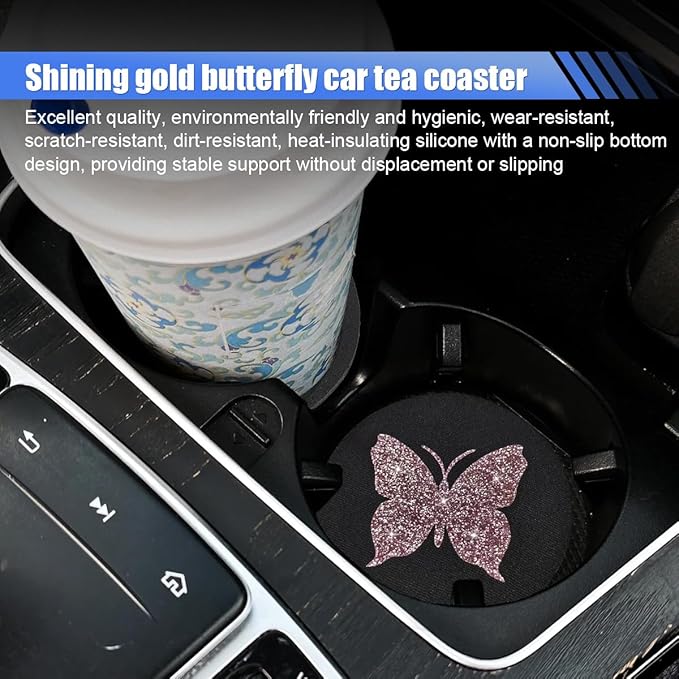 2PCS Bling Butterfly Car Coasters, 2.75 Inch Anti Slip Insert Cup Holder Coaster, Rhinestone Vehicle Cup Holder Decoration Pad, Universal Auto Interior Drink Water Bottle Mat Accessory (Pink)