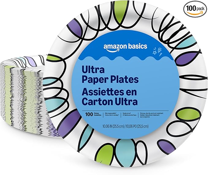 Amazon Basics Ultra Paper Plates, 10 Inch, Disposable, 100 Count, Packaging May Vary