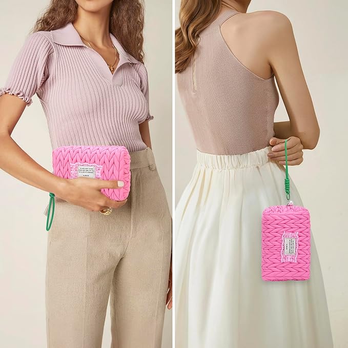 DOB SECHS Small Puffer Makeup Bag Quilted Cosmetic Bag Clutch with Wristlet, Cute Makeup Pouch for Purse, Cotton Woven Puffy Toiletry Bag for Women, Mini Travel Essentials Organized Pouches, Hot Pink