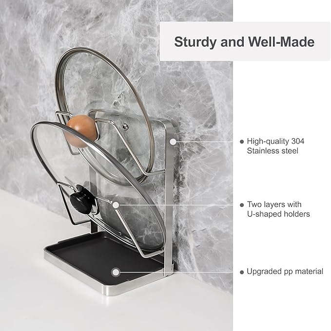 304 Stainless Steel Pot Lid Holder While Cooking, Kitchen Pot Lid Storage Rack for Stovetop, Multifunctional Kitchen Pot Lid Organizer for Countertop (Silver)