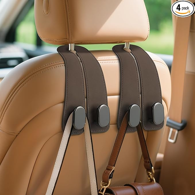 Fitnice Car Seat Headrest Hooks - 4 Pack Universal Car Purse Hook, Leather Car Bag Purse Holder with Double Metal Hooks for Handbags, Grocery Bags, Bottles, Phones, Brown