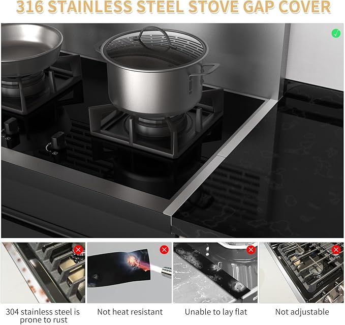 Stove Gap Covers 316 Stainless Steel,2 Pack Stove Gap Filler,Heat Resistant Stove Gap Guards,Slide in Range Trim Kit,Easy Adjustable Length 13.8" to 27.5",Width 0.78",Fits Narrow Gaps,Sliver