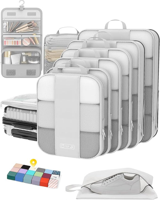 10 Set Compression Packing Cubes for Travel Essentials, Compressible Expandable Packing Cubes for Suitcase, OlarHike Luggage Organizer Bags for Travel, Handy Helper for Organizing Clothes (White)