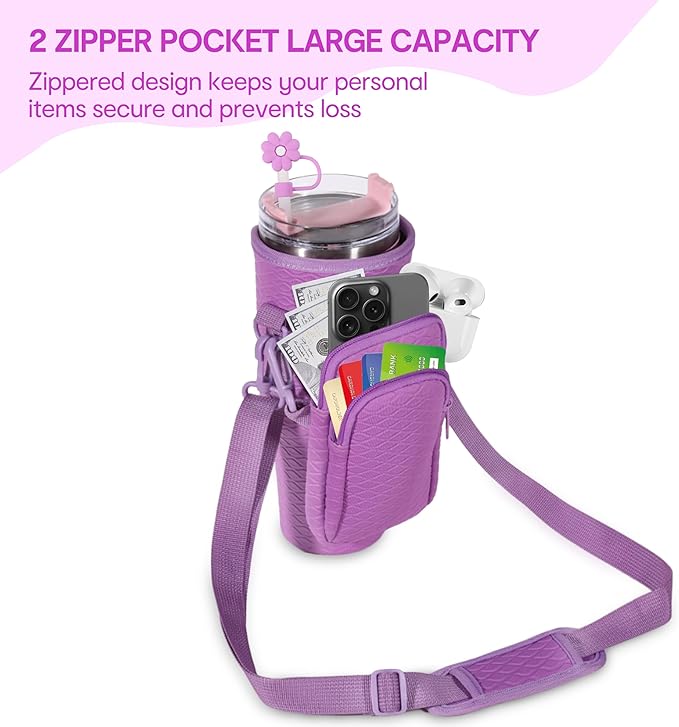 &And Per Se Water Bottle Shoulder Bag for Women, Neoprene Carrier with Phone Pocket & Purple Charm, Adjustable Crossbody Strap Fits Stanley 40oz Tumblers, Gift for Her (Purple)