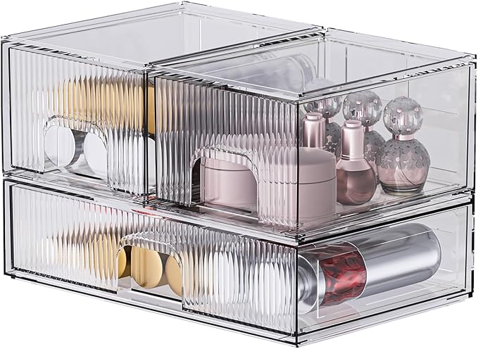ZHIAI 3 Pack Clear Stackable Cosmetic Organizer with Acrylic Drawers for Cosmetics and Small Items for Dresser, Vanity, Kitchen Cabinet, Pantry, Home Organization and Storage