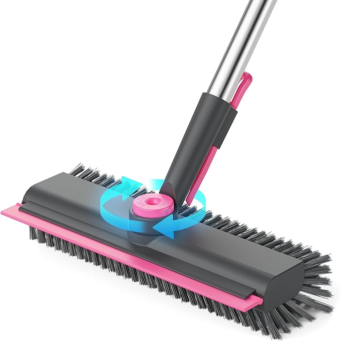 HelpX Floor Scrub Brush with Long Handle, 3-in-1 Multi-angle Swivel Right-Angled Bristle Floor Scrubber Brush with Squeegee and Tweezer for Tile Wall Deck Bathroom Patio Garage Kitchen (Pink and Grey)