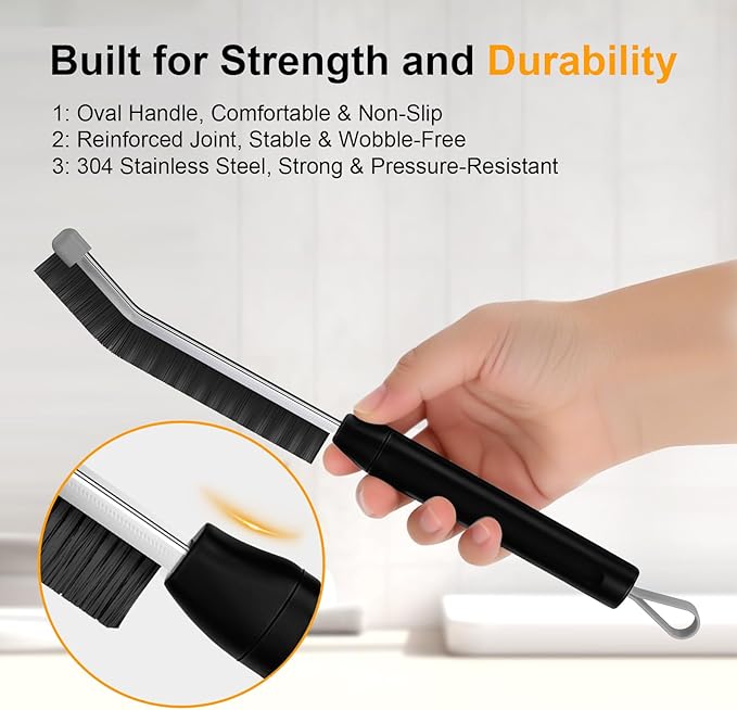 Crevice Cleaning Brush 3 Pack, Stainless Steel Bristle Support Rod, Rust-Resistant & Durable, Rounded Protective Head, Stiff Bristles for Tile Grout, Bathroom Gaps & Window Groove Brushes