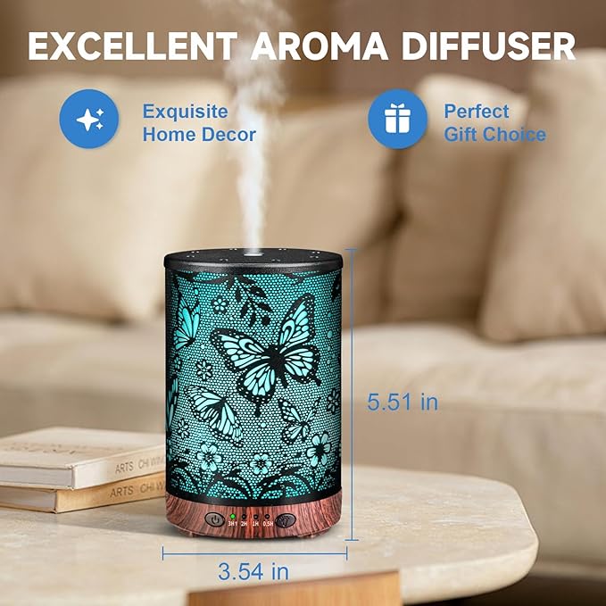 Essential Oil Diffuser Metal Aromatherapy Diffuser, Cool Mist Diffuser with 7 Color Lights for Home Office Spa (Big Butterfly)