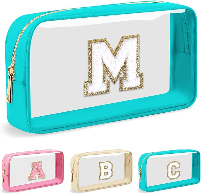 Personalized Initial Letter Clear Makeup Bag, Preppy Small Nylon&PVC Cosmetic Zipper Bag with Chenille Letter, Portable Beach Travel Skincare Toiletry Bag, Trendy Monogram Gift for Teen Girls Women, M