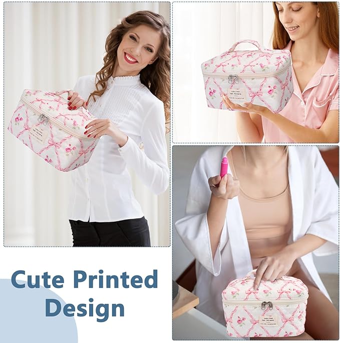 Large Makeup Bag, Cute Cosmetic Bag for Women Girls, Floral Coquette Aesthetic Toiletry Bag, Travel Make Up Organizer Bag (Pink Butterfly)