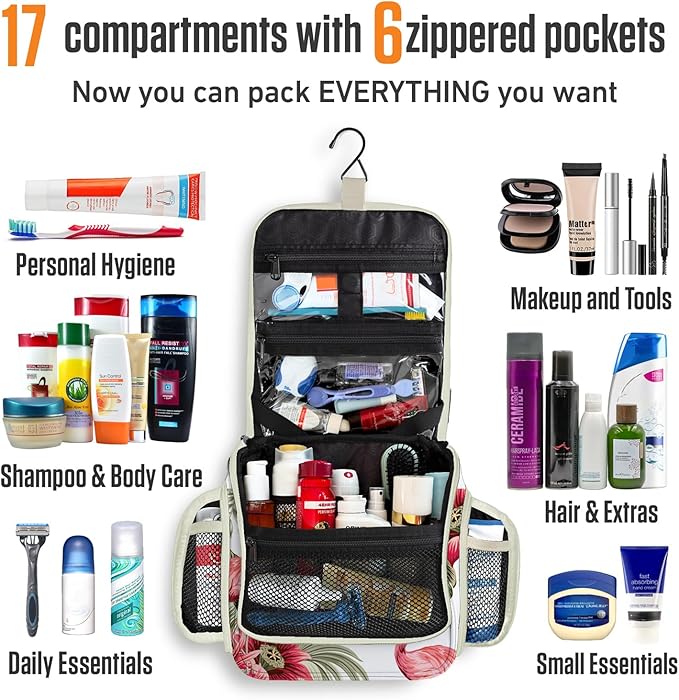 VENTURE 4TH Hanging Travel Toiletry Bag for Women & Men – Large Toiletry Organizer with 17 Compartments, Removable TSA Pouch, Travel Wash Bag for Toiletries, Makeup & Shaving Kit (Pink Flamingo)