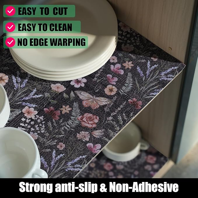 16IN x 10FT Butterfly Shelf and Drawer Liner for Kitchen Cabinets, Non-Adhesive and Strong Non-Slip Floral Shelf Cabinet Drawer Liners for Kitchen, Waterproof Cupboard Liners,Easy to Clean