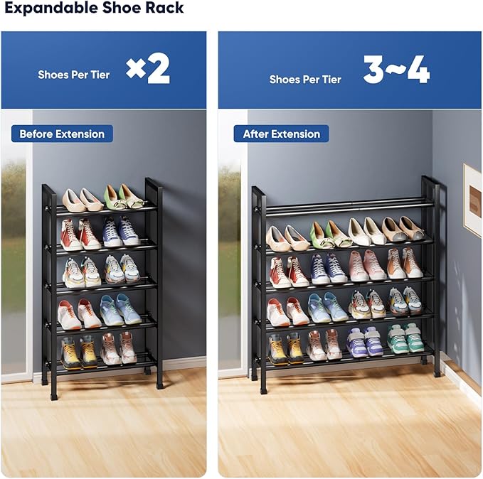 Abiglifty 5-Tier Expandable Shoe Rack,17"-33" Adjustable Shoe Rack for Closet,Metal Shoes Shelves for Front Door Entrance, Garage & Corridor, Free Standing Shoe Holders, Easy to Assemble,Black