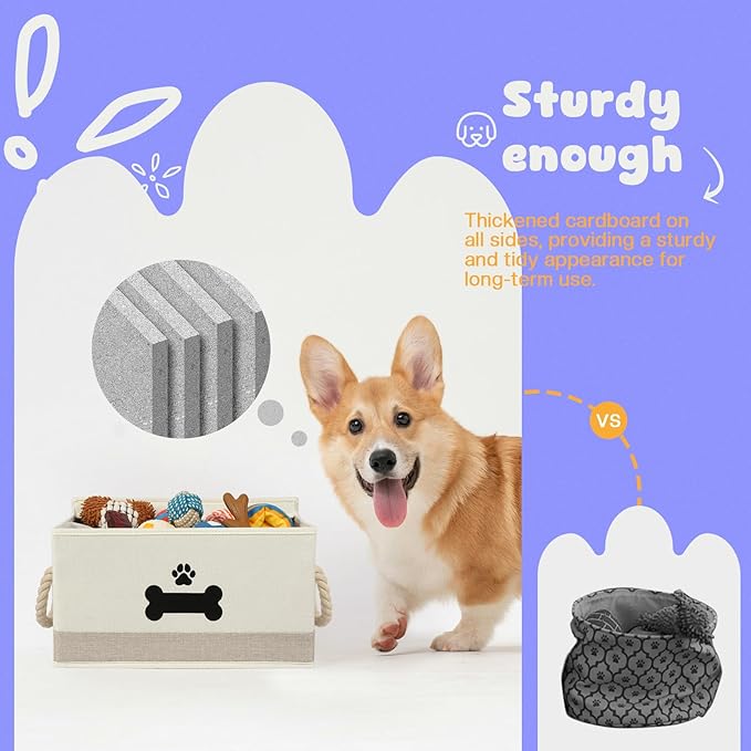 Dog Toy Basket with Lid, Dog Basket for Toys, Dogs Toy Box with Cotton Rope Handles, Collapsible Storage Bins for Pet Toys, Dogs Storage Organizer, Beige&Gray