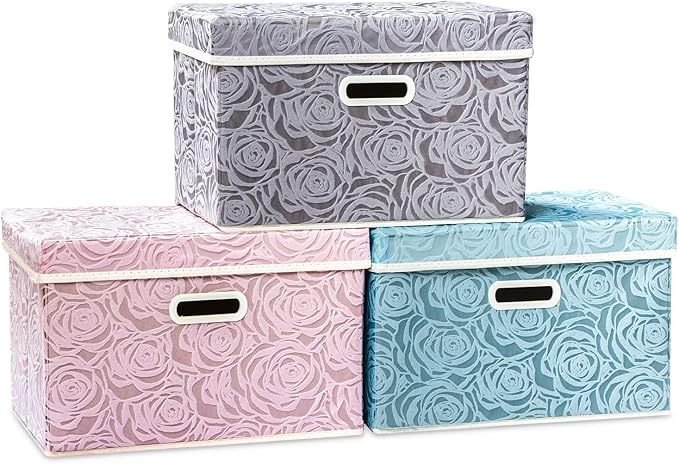 PRANDOM Larger Collapsible Storage Cubes with Lids, Fabric Decorative Storage Bins Boxes Organizer Containers Baskets with Cover Handles for Bedroom Closet Living Room 17.7x11.8x11.8 Inch, 3 Pack