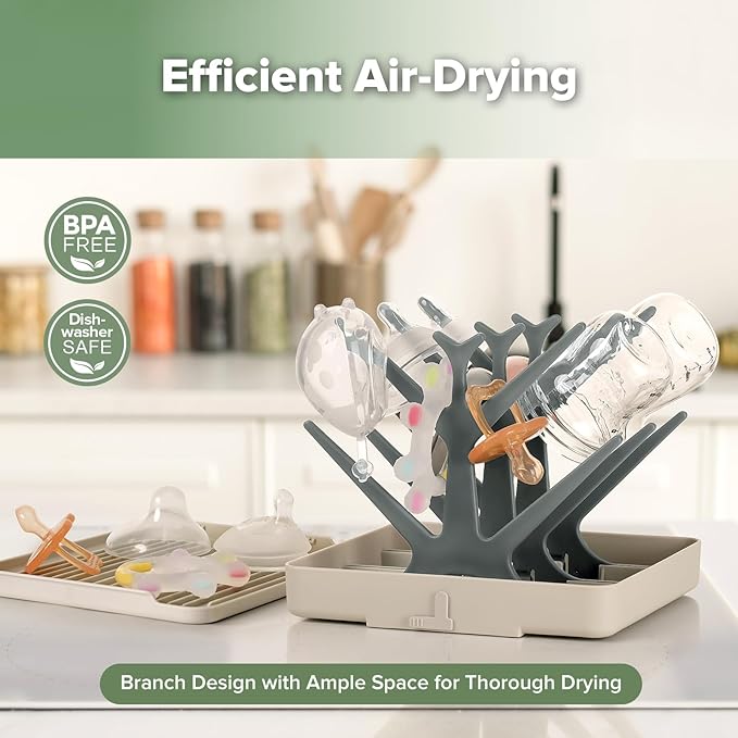 haakaa Portable Baby Bottle Drying Rack with Tray, Space Saving Bottle Drying Tree for Bottles/Pump Parts/Pacifiers,Easy-Store Dryer Rack Great for Home & Travel, BPA Free (Grey)