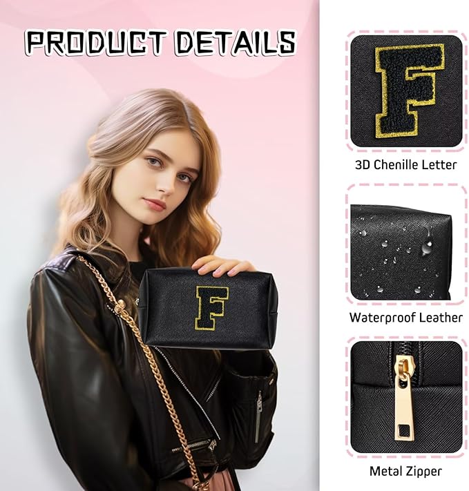 TOPEAST Preppy Patch Makeup Bag, Chenille Letter Pouch Cosmetic Bag, PU Leather Waterproof Toiletry Bag, Personalized Birthday Gift for Women Girl, Cute Stuff for Girls (Black B)