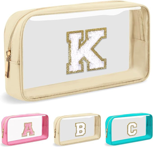 Personalized Initial Letter Clear Makeup Bag, Preppy Small Nylon & PVC Cosmetic Zipper Bag with Chenille Letter, Portable Beach Travel Skincare Toiletry Bag, Trendy Monogram Gift for Teen Girls Women, K