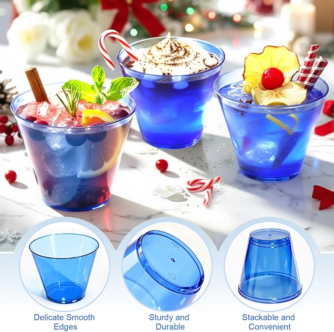 9 oz Clear Plastic Disposable Cups for Cocktail 150 Pack Fancy Cocktail Cup for Party Stemless Wine Glasses for Party Wedding Graduation Birthday，Royal Blue