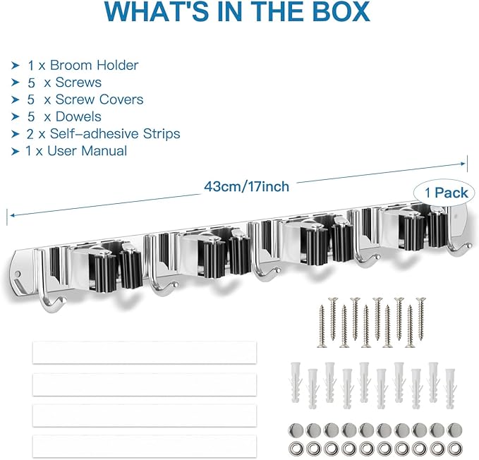 IMILLET Broom Holder Wall Mounted, Stainless Steel Broom Mop Holder Self Adhesive Heavy Duty Hooks Storage Organizer for Home Laundry Room Garden Garage Closet Kitchen 1 Pack（4 Racks with 5 Hooks）