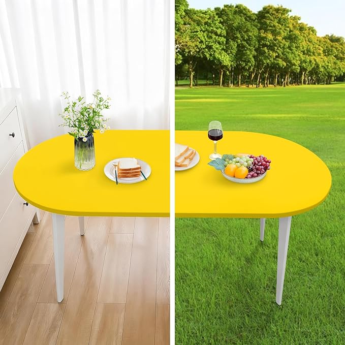 NEWISHER Fitted Oval Tablecloth 42 x 60 Inch Elastic Table Cloth, Stretch Spandex Table Cover Gold Washable Polyester Top Cap Cover for Dining Picnic Camping Indoor and Outdoor