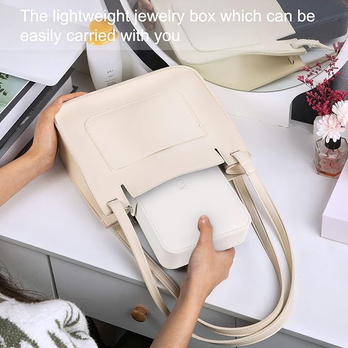 KCY Jewelry Box for Women Girls,Small Travel Jewelry Organizer Case,PU Leather Portable Jewellery Storage Boxes Display Holder for Ring Earrings Necklace Bracelet Bangle, Men Teen Kids Gift, White