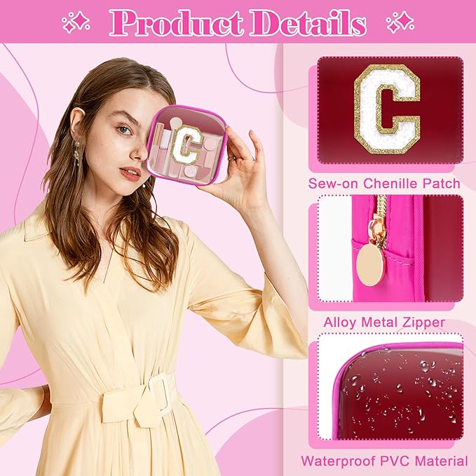 Personalized Initial Letter Clear Preppy Makeup Bag,Mini Nylon Chenille Letter Cosmetic Bag Cute Zipper Pouch Coin Purse for Teen Girls,Portable TSA Approved Travel Essentials Bag Gift for Women,C