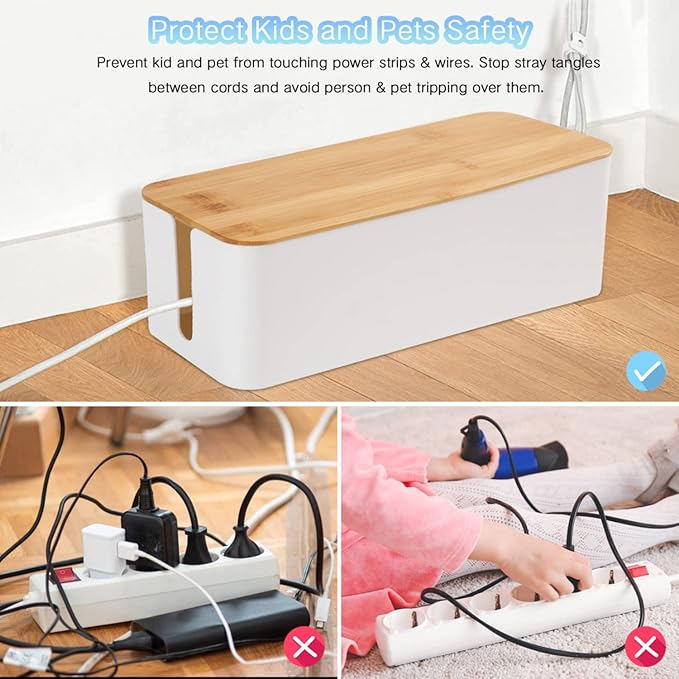 Cable Management Box Organizer, Set of 3 Bamboo Lid Storage Wires Holders to Cover and Hide Surge Protectors, Power Strips & Cords - with 5 Cable Fastening Tapes for Home, Office, Desk, PC, TV, USB Hub