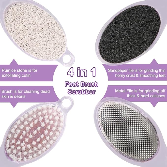Foot Brush and Pumice Stone - 4 Pack Foot Brush Scrubber for Shower 4 in 1 Pedicure Foot File Exfoliator for Foot Care - Purple and Blue