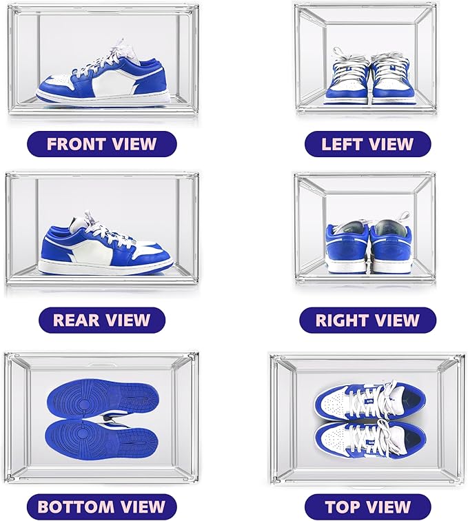 Shoe Storage 6 Pack Size 13 Acrylic Clear Shoe Storage Box Stackable Large Sneakers Display Case with Magnetic Door Hat Boxes Shoe Organizer for Closet