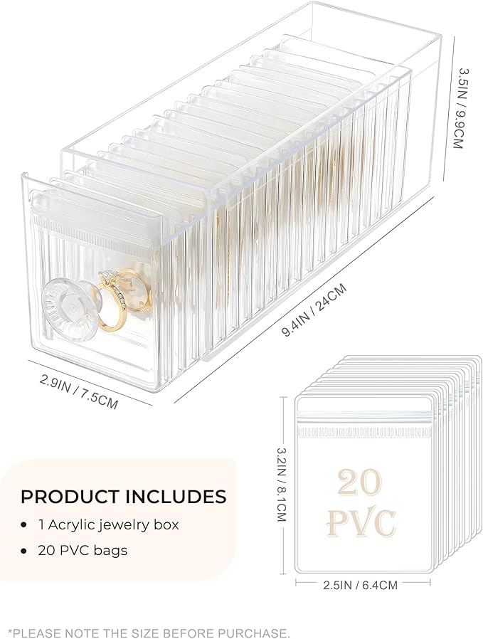 Clear Acrylic Jewelry Organizer Box with 20 Portable Pouches, Jewelry Storage Case for Women Girls, Tangle-Free, Anti-Tarnish, Compact Storage for Necklaces/Earrings/Rings, Upgraded Clear
